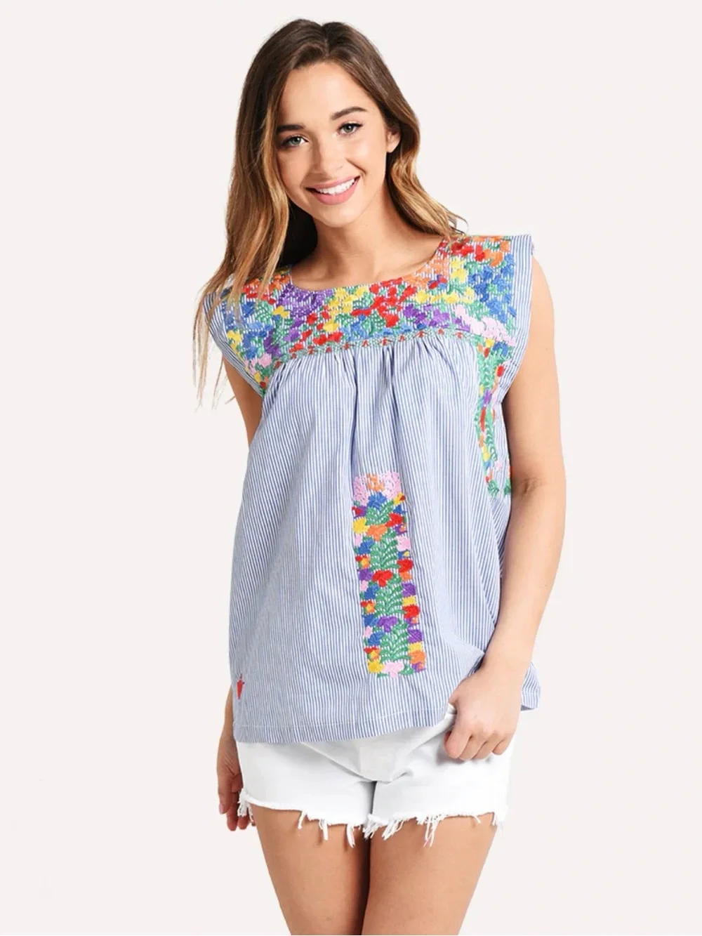 J.Marie Blue Striped Floral Mexican Embroidered Sleeveless Top - Picture 4 of 10